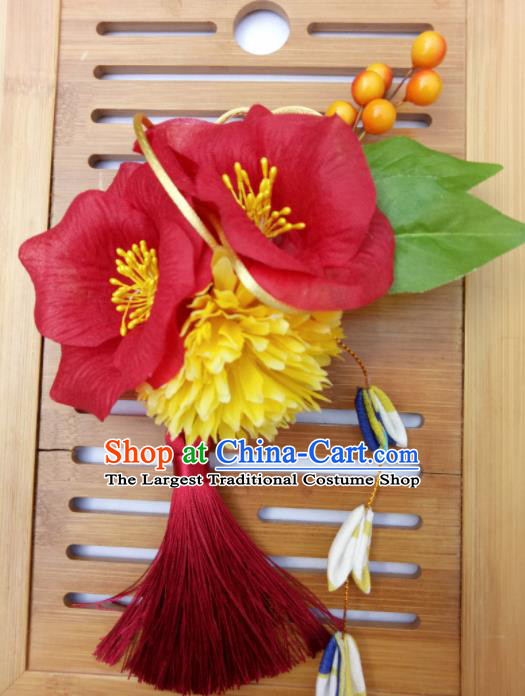 Japanese Traditional Geisha Kimono Hair Accessories Japan Yukata Red Flowers Tassel Hair Claws for Women