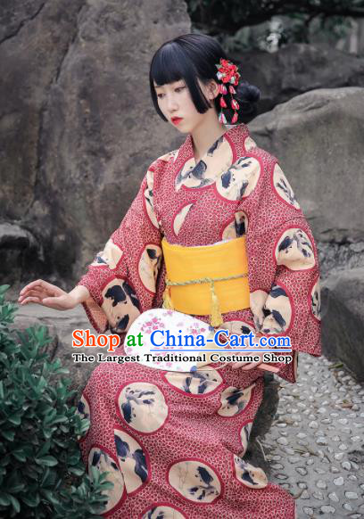 Japanese Classical Printing Wine Red Kimono Asian Japan Traditional Costume Geisha Yukata Dress for Women