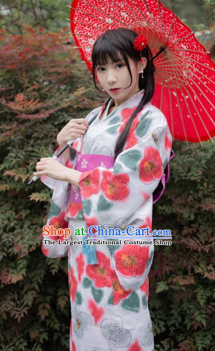 Japanese Classical Printing Sakura White Kimono Asian Japan Traditional Costume Geisha Yukata Dress for Women