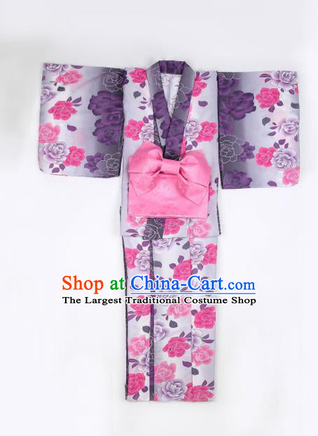 Japanese Classical Printing Peony Purple Furisode Kimono Asian Japan Traditional Costume Geisha Yukata Dress for Women
