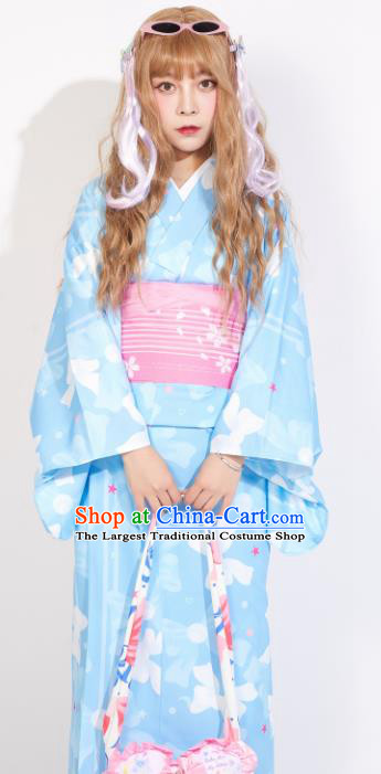 Japanese Classical Printing Light Blue Yukata Dress Asian Japan Traditional Costume Geisha Kimono for Women