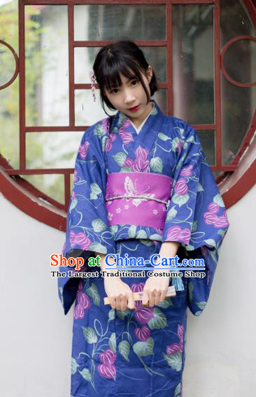 Japanese Classical Printing Blue Furisode Kimono Asian Japan Traditional Costume Geisha Yukata Dress for Women