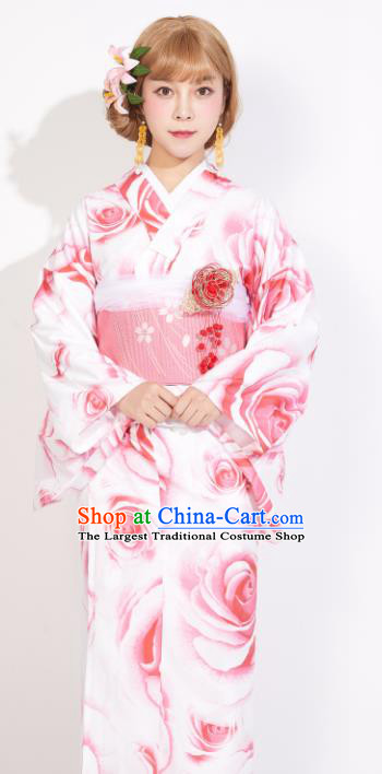 Japanese Classical Printing Roses Yukata Dress Asian Japan Traditional Costume Geisha Kimono for Women