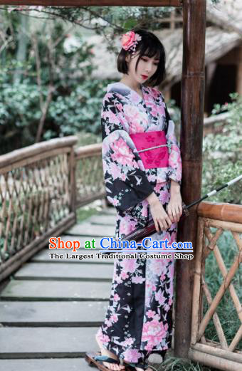 Japanese Classical Printing Peony Black Furisode Kimono Asian Japan Traditional Costume Geisha Yukata Dress for Women