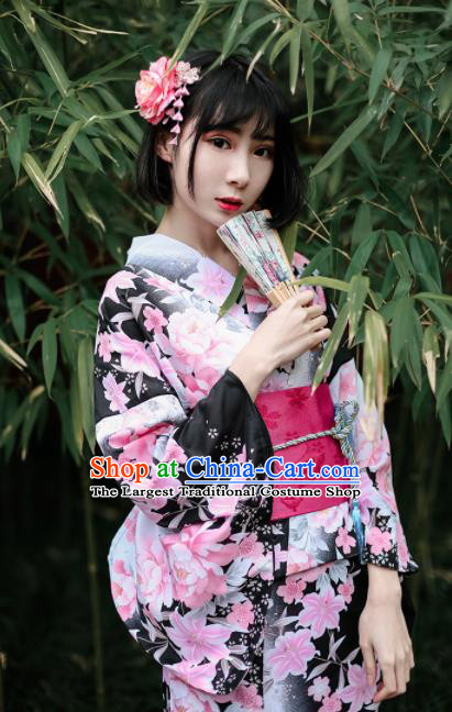 Japanese Classical Printing Peony Black Furisode Kimono Asian Japan Traditional Costume Geisha Yukata Dress for Women