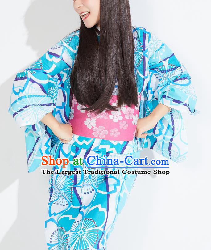 Japanese Classical Printing Blue Yukata Robe Asian Japan Traditional Costume Geisha Furisode Kimono Dress for Women
