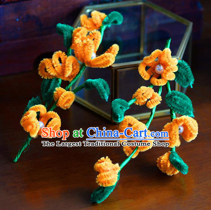 Traditional Chinese Ancient Palace Orange Velvet Flowers Hair Clip Hairpins Handmade Wedding Hair Accessories for Women