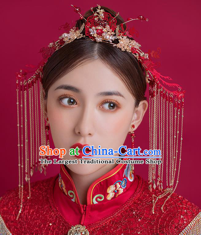 Traditional Chinese Ancient Bride Tassel Hairpins Red Phoenix Coronet Handmade Wedding Hair Accessories for Women