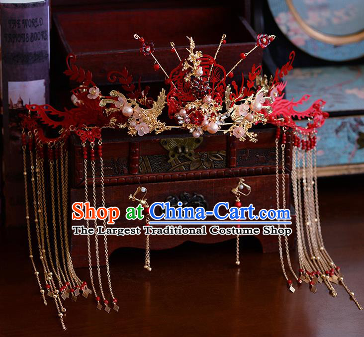 Traditional Chinese Ancient Bride Tassel Hairpins Red Phoenix Coronet Handmade Wedding Hair Accessories for Women