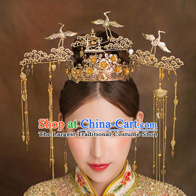 Traditional Chinese Ancient Bride Tassel Hairpins Crane Pine Phoenix Coronet Handmade Wedding Hair Accessories for Women