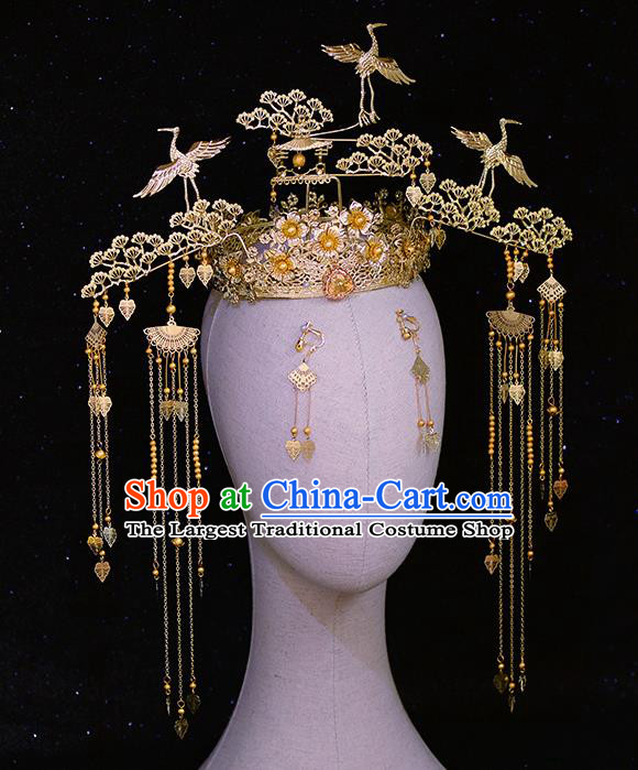 Traditional Chinese Ancient Bride Tassel Hairpins Crane Pine Phoenix Coronet Handmade Wedding Hair Accessories for Women
