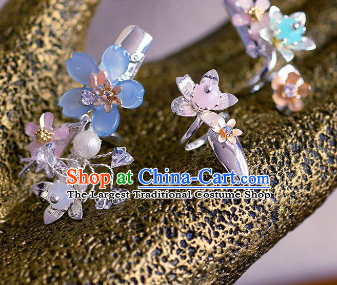 Traditional Chinese Ancient Palace Blue Flower Nail Wrap Handmade Wedding Fingernail Accessories for Women