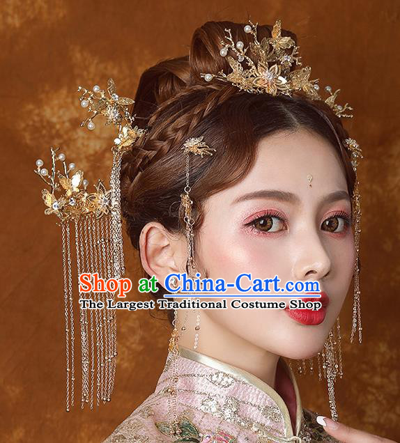 Traditional Chinese Ancient Bride Tassel Hairpins Golden Hair Comb Handmade Wedding Hair Accessories for Women