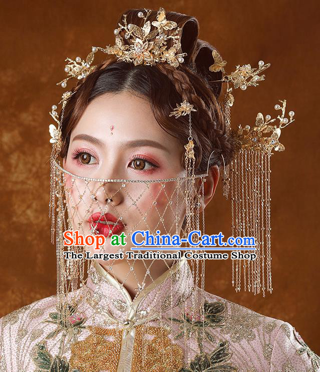 Traditional Chinese Ancient Bride Tassel Hairpins Golden Hair Comb Handmade Wedding Hair Accessories for Women