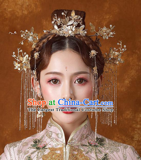 Traditional Chinese Ancient Bride Tassel Hairpins Golden Hair Comb Handmade Wedding Hair Accessories for Women