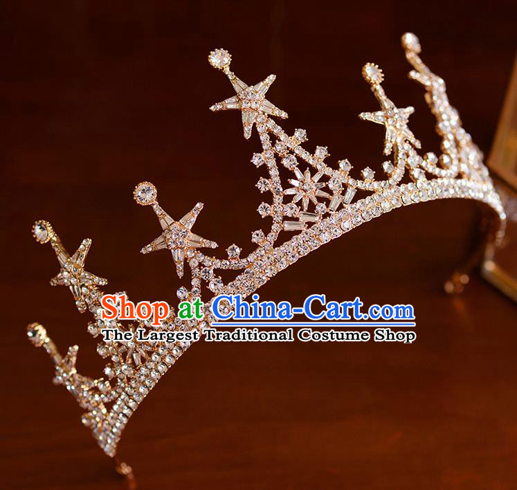 Handmade Wedding Hair Accessories Baroque Bride Crystal Star Golden Royal Crown for Women