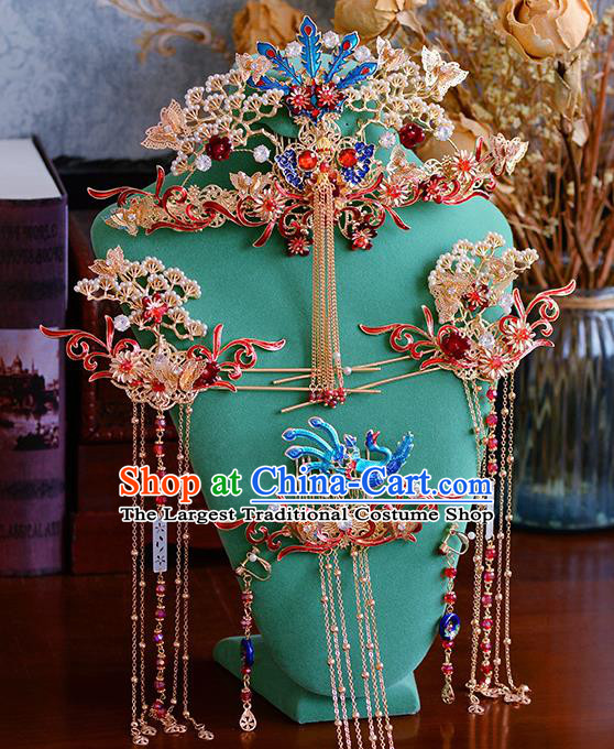 Traditional Chinese Ancient Bride Tassel Hairpins Cloisonne Phoenix Coronet Handmade Wedding Hair Accessories for Women