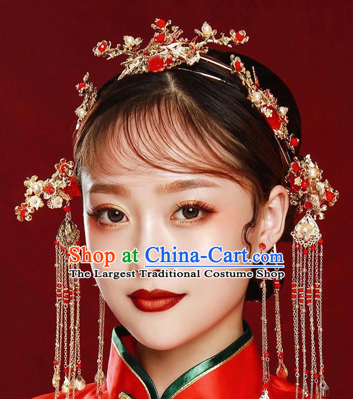 Traditional Chinese Ancient Bride Tassel Hairpins Red Agate Hair Crown Handmade Wedding Hair Accessories for Women