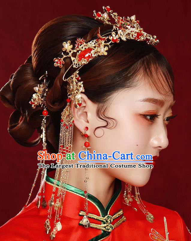 Traditional Chinese Ancient Bride Tassel Hairpins Red Agate Hair Crown Handmade Wedding Hair Accessories for Women