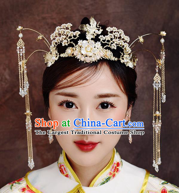 Traditional Chinese Ancient Bride Tassel Hairpins Crane Pine Phoenix Coronet Handmade Wedding Hair Accessories for Women
