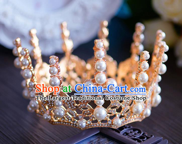 Handmade Baroque Queen Golden Round Royal Crown European Wedding Hair Accessories for Women
