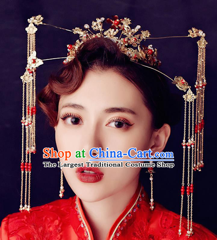 Traditional Chinese Ancient Hanfu Tassel Phoenix Coronet Bride Hairpins Handmade Wedding Hair Accessories for Women