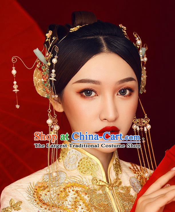Traditional Chinese Ancient Hanfu Jade Hair Comb Bride Hairpins Handmade Wedding Hair Accessories for Women