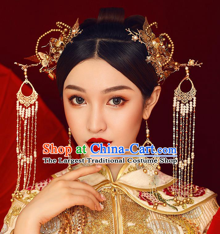Traditional Chinese Ancient Hanfu Golden Tassel Hair Clasp Bride Hairpins Handmade Wedding Hair Accessories for Women