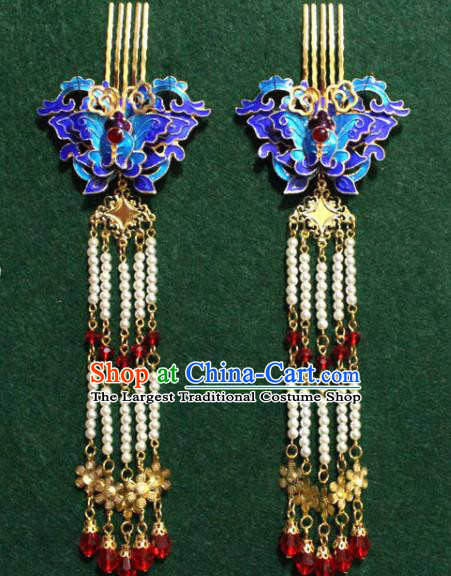 Traditional Chinese Ancient Palace Cloisonne Butterfly Hair Comb Tassel Hairpins Handmade Wedding Hair Accessories for Women