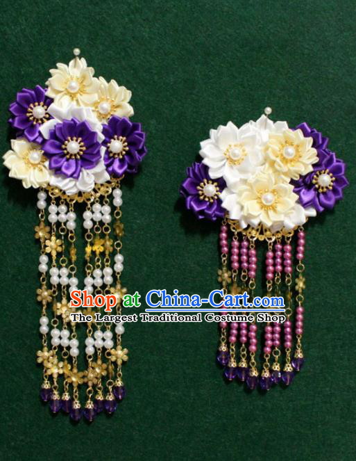 Traditional Chinese Ancient Tang Dynasty Palace Purple Flowers Hair Claw Tassel Hairpins Handmade Wedding Hair Accessories for Women