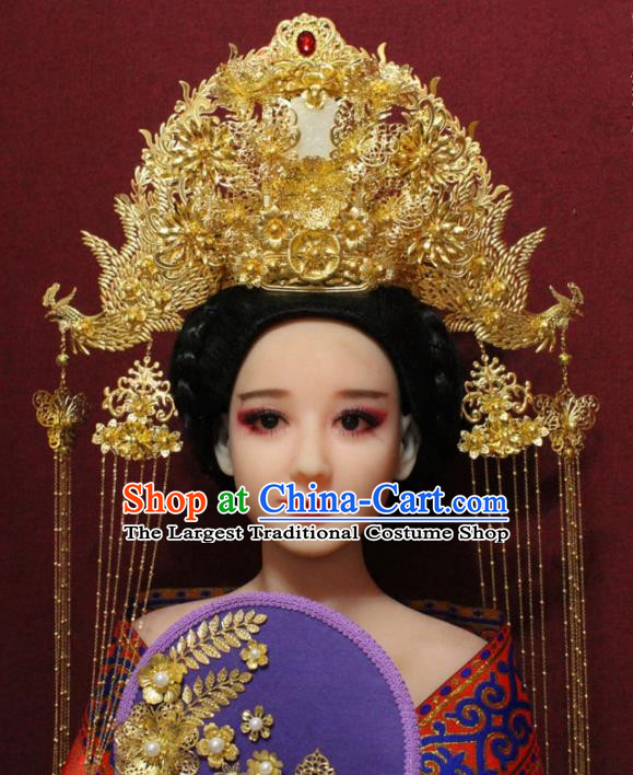 Traditional Chinese Ancient Queen Hanfu Luxury Golden Jade Phoenix Coronet Bride Hairpins Handmade Wedding Hair Accessories for Women