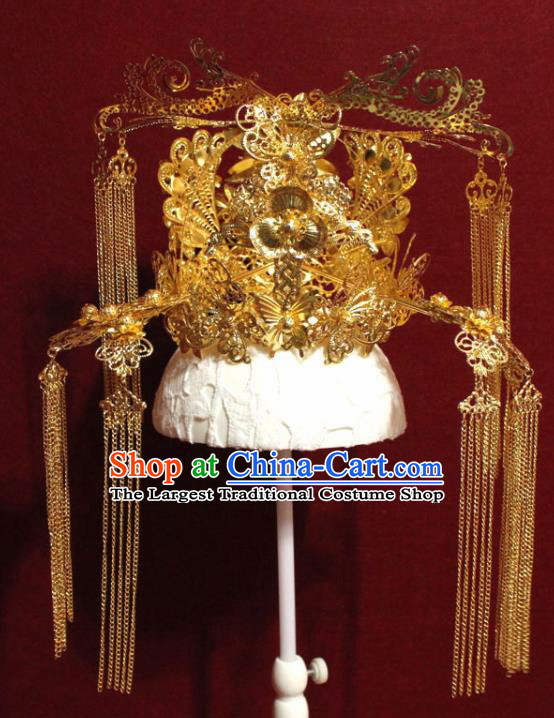Traditional Chinese Ancient Queen Hanfu Golden Phoenix Coronet Bride Hairpins Handmade Wedding Hair Accessories for Women