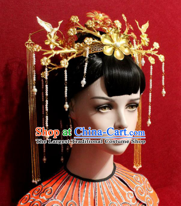 Traditional Chinese Ancient Queen Hanfu Golden Flowers Phoenix Coronet Bride Hairpins Handmade Wedding Hair Accessories for Women