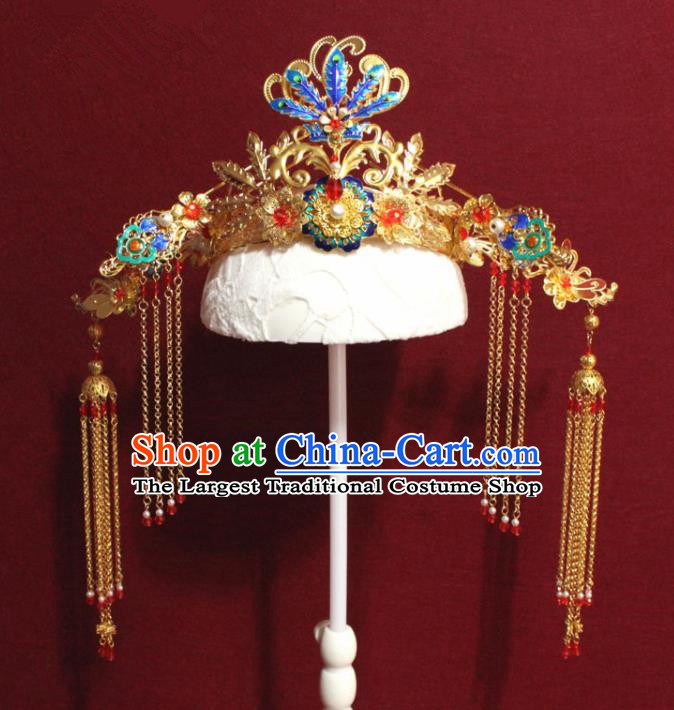 Traditional Chinese Ancient Queen Hanfu Cloisonne Phoenix Coronet Bride Hairpins Handmade Wedding Hair Accessories for Women