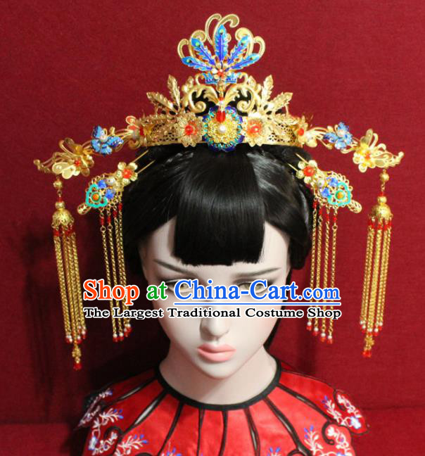 Traditional Chinese Ancient Queen Hanfu Cloisonne Phoenix Coronet Bride Hairpins Handmade Wedding Hair Accessories for Women