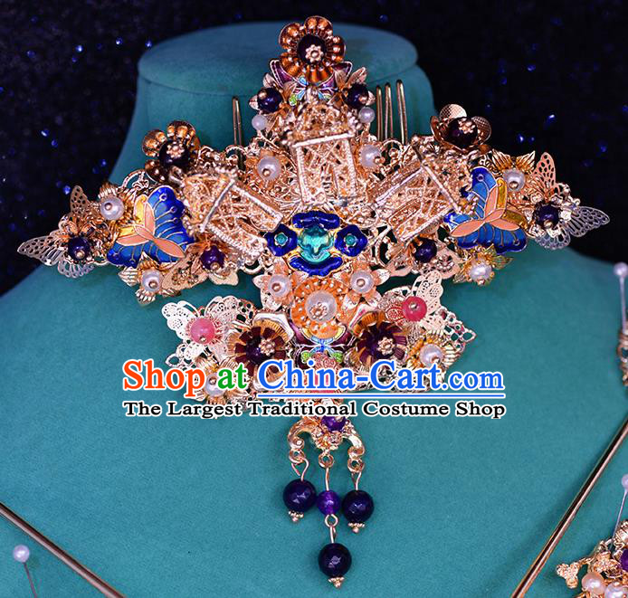 Traditional Chinese Ancient Hanfu Cloisonne Hair Crown Bride Hairpins Handmade Wedding Hair Accessories for Women