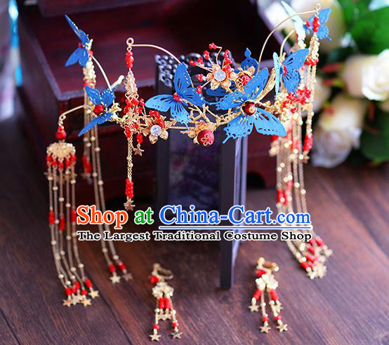 Traditional Chinese Ancient Hanfu Blue Butterfly Hair Crown Bride Hairpins Handmade Wedding Hair Accessories for Women