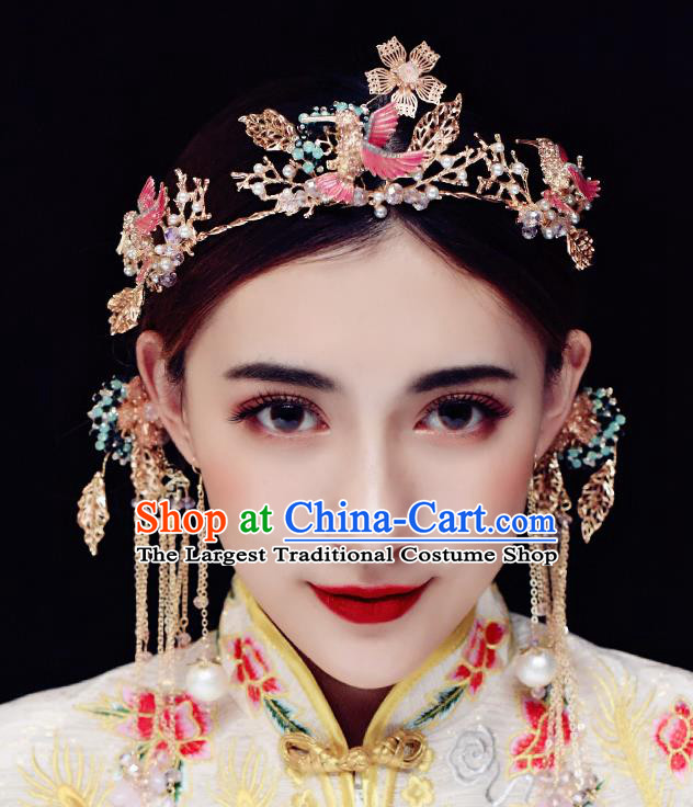Traditional Chinese Ancient Hanfu Pink Woodpecker Hair Clasp Bride Hairpins Handmade Wedding Hair Accessories for Women