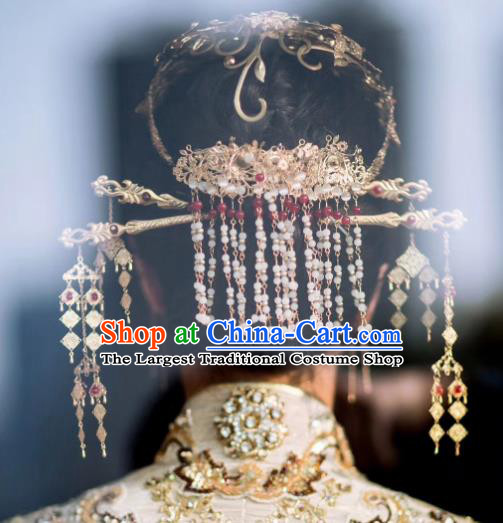 Traditional Chinese Ancient Bride Tassel Hair Crown Hairpins Handmade Wedding Hair Accessories for Women