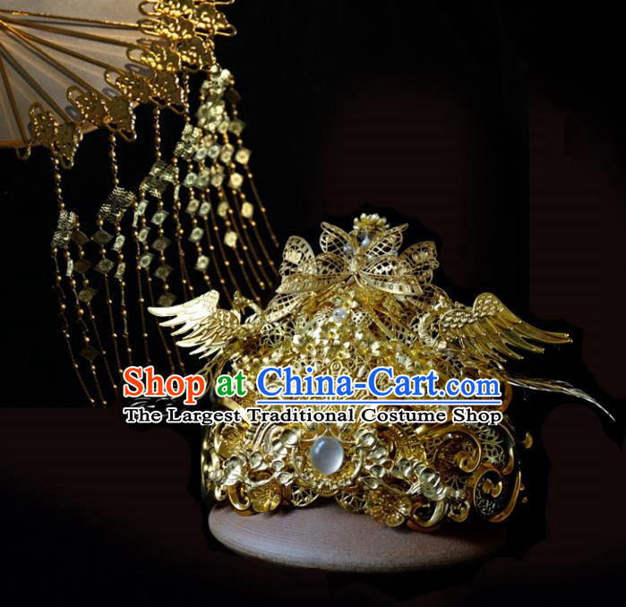 Traditional Chinese Ancient Bride Golden Phoenix Coronet Hairpins Handmade Wedding Hair Accessories for Women