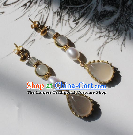 Handmade Chinese Ancient Princess Pearl Rose Chalcedony Earrings Traditional Hanfu Jewelry Accessories for Women