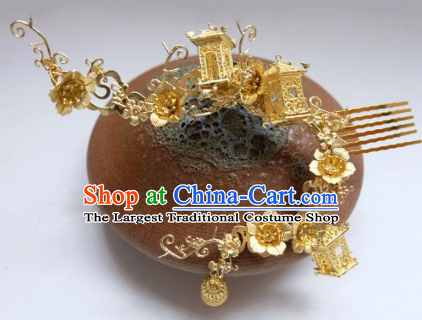 Traditional Chinese Ancient Princess Golden Hair Comb Hairpins Handmade Hanfu Hair Accessories for Women