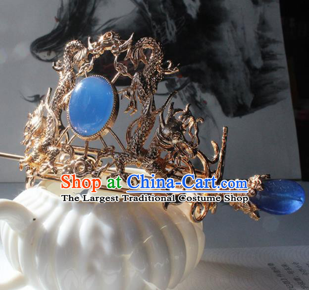 Traditional Chinese Ancient Hanfu Golden Dragon Blue Chalcedony Hair Crown Princess Hairpins Handmade Hair Accessories for Women