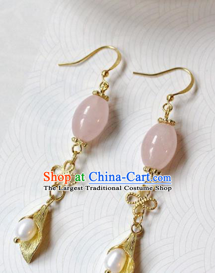 Handmade Chinese Ancient Princess Rose Chalcedony Earrings Traditional Hanfu Jewelry Accessories for Women