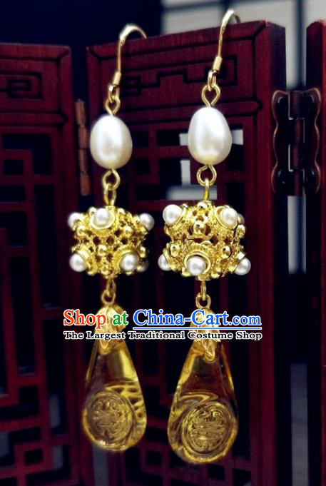 Traditional Chinese Ancient Hanfu Palace Golden Earrings Handmade Wedding Jewelry Accessories for Women