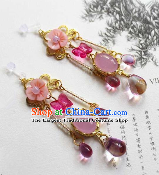 Handmade Chinese Ancient Princess Rose Chalcedony Earrings Traditional Hanfu Jewelry Accessories for Women