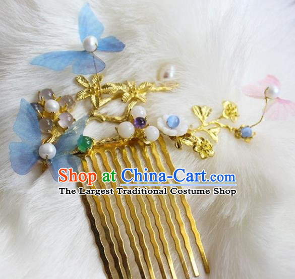 Chinese Ancient Hanfu Blue Butterfly Hair Comb Princess Hairpins Traditional Handmade Hair Accessories for Women