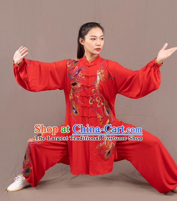 Traditional Chinese Martial Arts Embroidered Phoenix Red Costume Professional Tai Chi Competition Kung Fu Uniform for Women