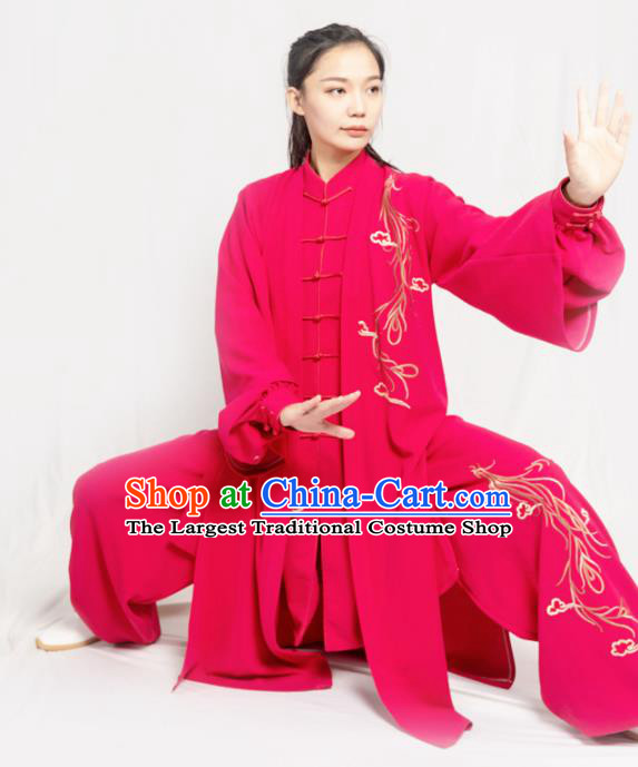Traditional Chinese Martial Arts Embroidered Rosy Costume Professional Tai Chi Competition Kung Fu Uniform for Women