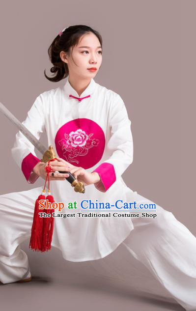 Traditional Chinese Martial Arts Printing Peony Rosy Costume Professional Tai Chi Competition Kung Fu Uniform for Women